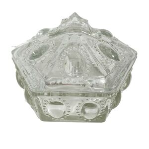Vintage Unbranded Hexagon Shaped Clear Glass Covered Trinket Dish Circles Dots